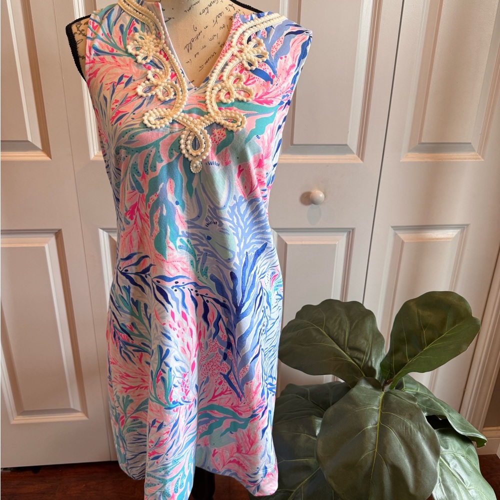Lilly Pulitzer Harper Shift Dress Medium Tropical Corded Neckline Resort wear